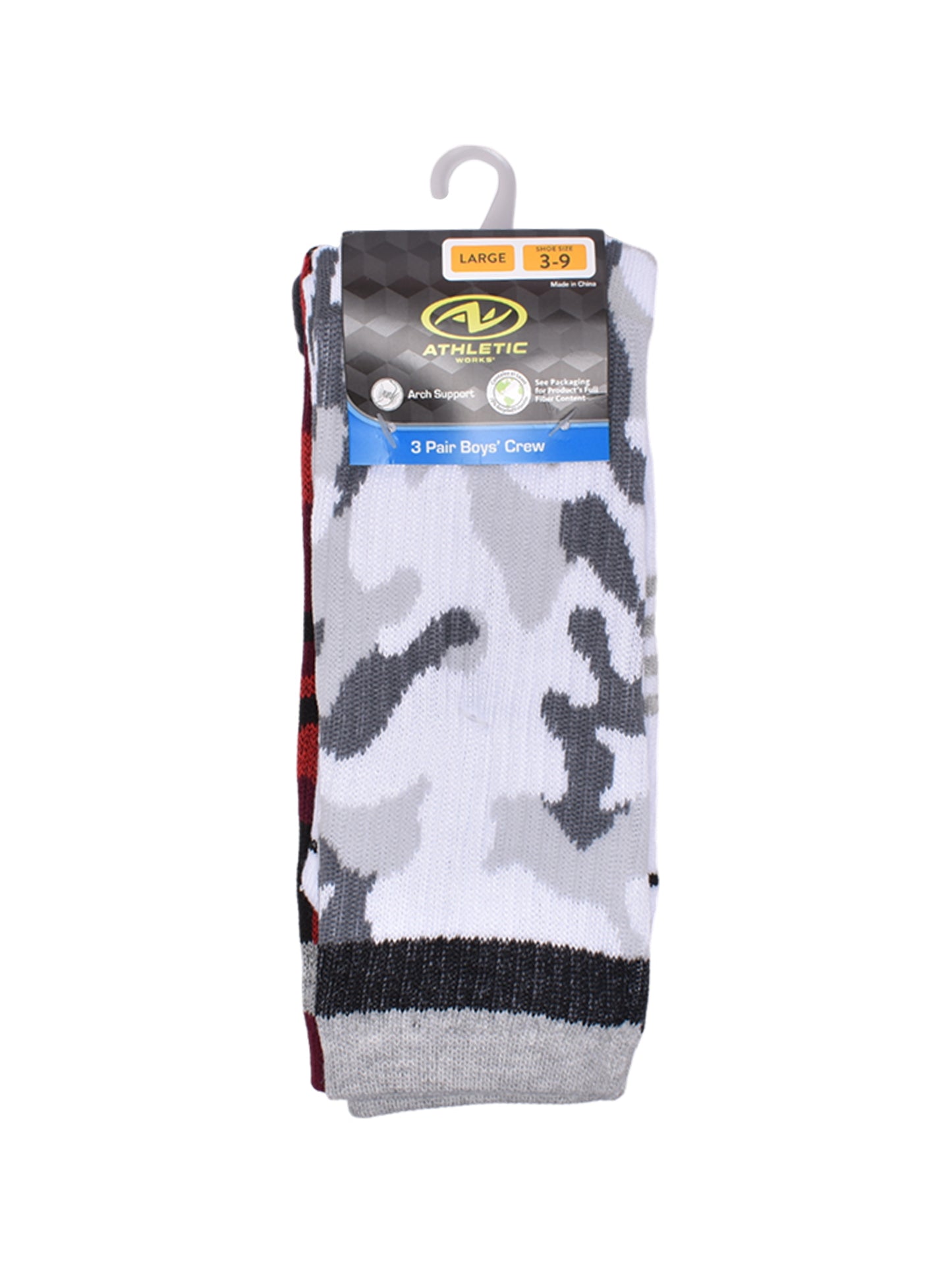 Athletic Works Boys Printed Crew Socks, 3-Pack Sock Shoe Size (4-8.5) - L (3-9)