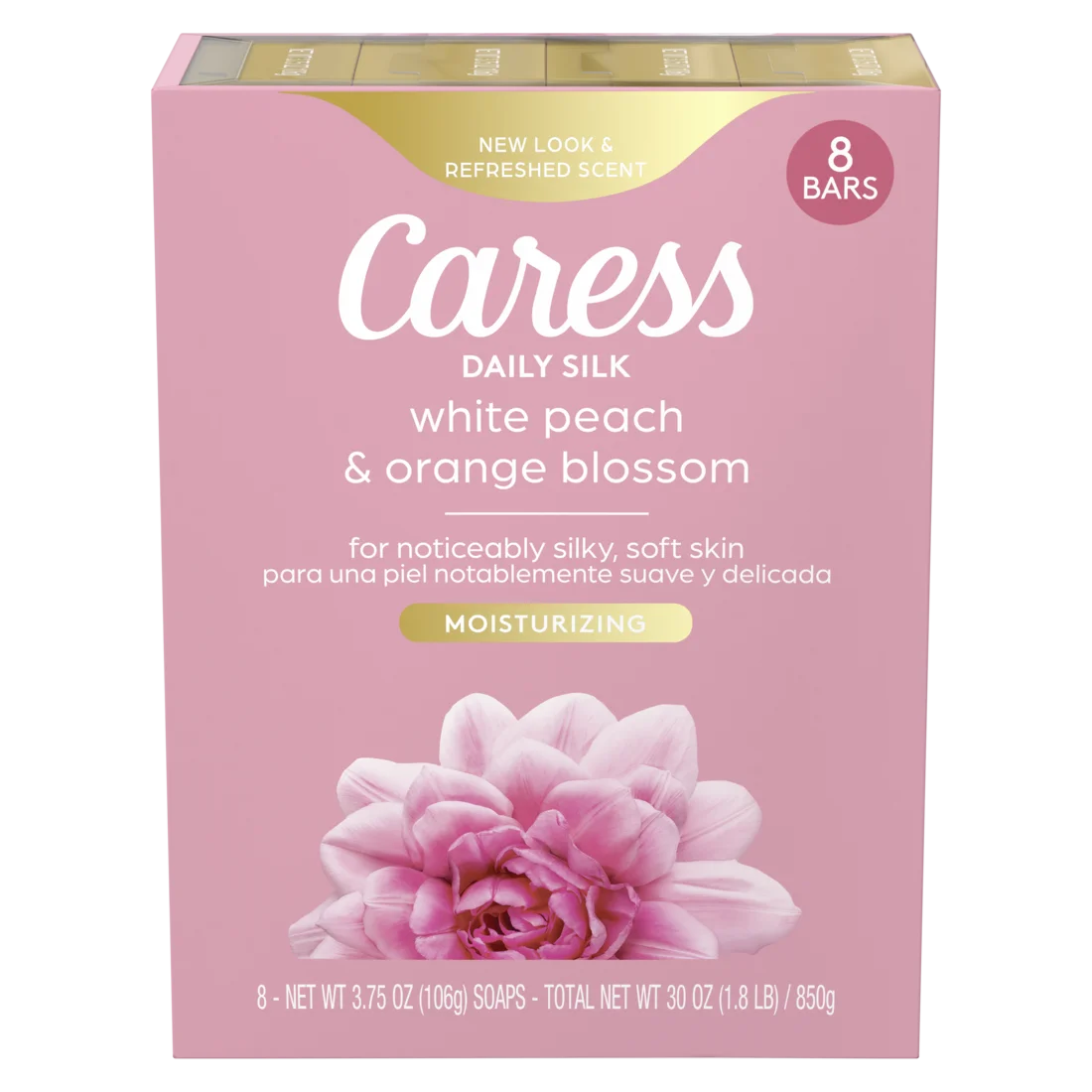 Caress Bar Soap for Women, Daily Silk White Peach & Orange Blossom for All Skin 3.75 oz 8 Ct