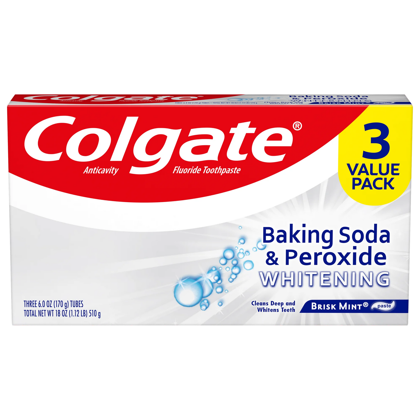 Colgate Baking Soda and Peroxide Whitening Toothpaste, Brisk Mint, 6 oz, 3 Pack