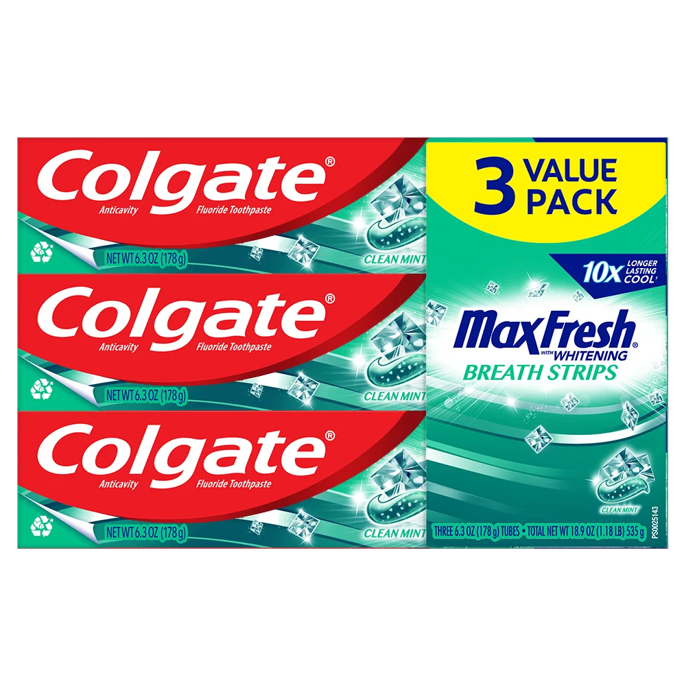 Colgate Max Fresh Whitening Toothpaste with Mini Breath Strips, Clean Mint, 6.3 oz, 3 Pack