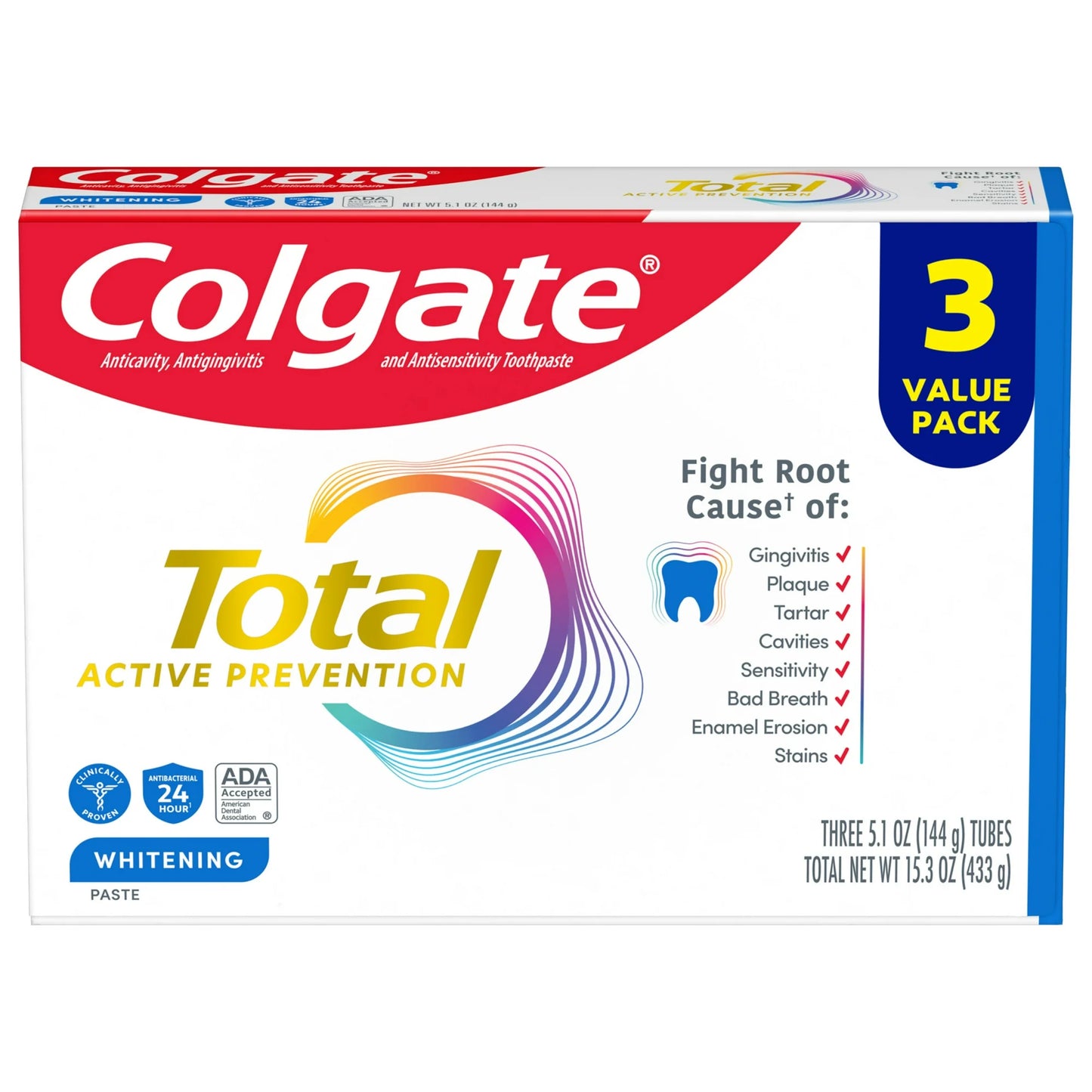 Colgate Total Active Prevention Whitening Toothpaste, Mint, 3 Pack, 5.1 oz