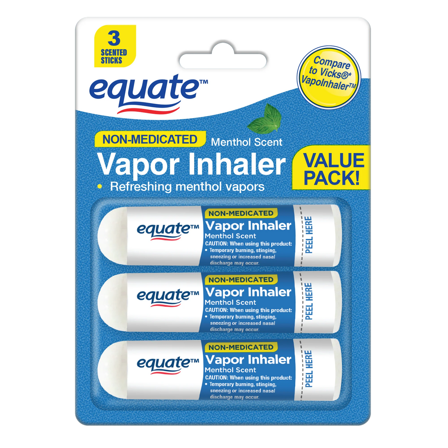 Equate Vapor Inhaler Non-Medicated Stick, Menthol Scent - 3 Pack