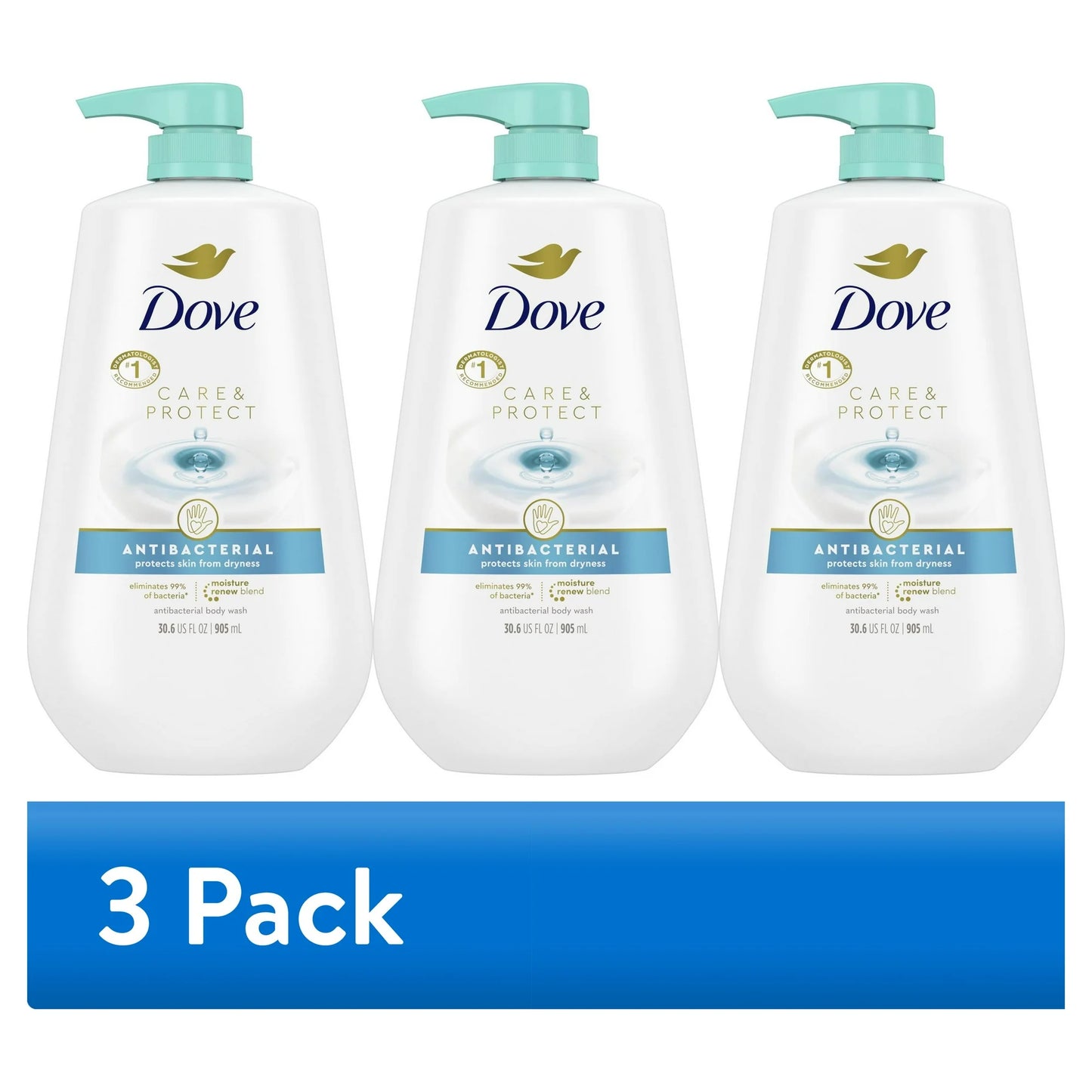 (3 pack) Dove Care & Protect Antibacterial Liquid Body Wash with Pump, 30.6 oz