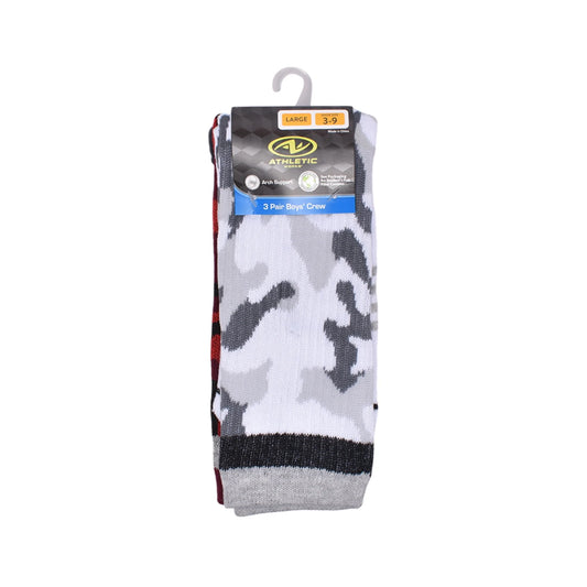 Athletic Works Boys Printed Crew Socks, 3-Pack Sock Shoe Size (4-8.5) - L (3-9)