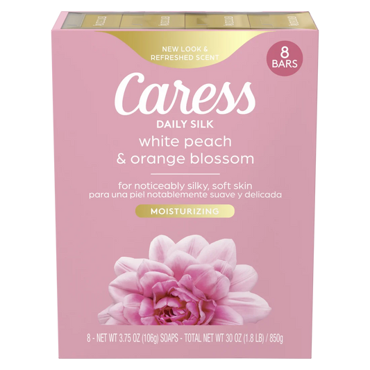 Caress Bar Soap for Women, Daily Silk White Peach & Orange Blossom for All Skin 3.75 oz 8 Ct
