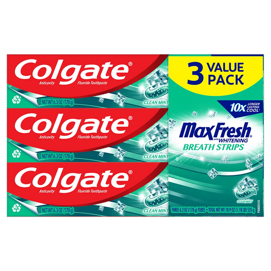 Colgate Max Fresh Whitening Toothpaste with Mini Breath Strips, Clean Mint, 6.3 oz, 3 Pack