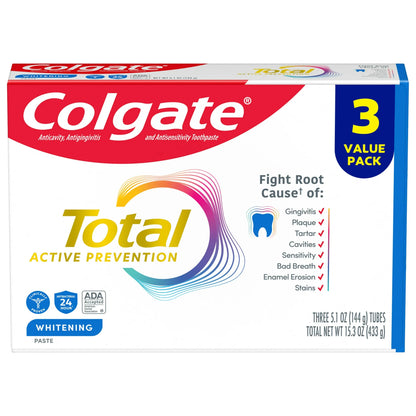 Colgate Total Active Prevention Whitening Toothpaste, Mint, 3 Pack, 5.1 oz