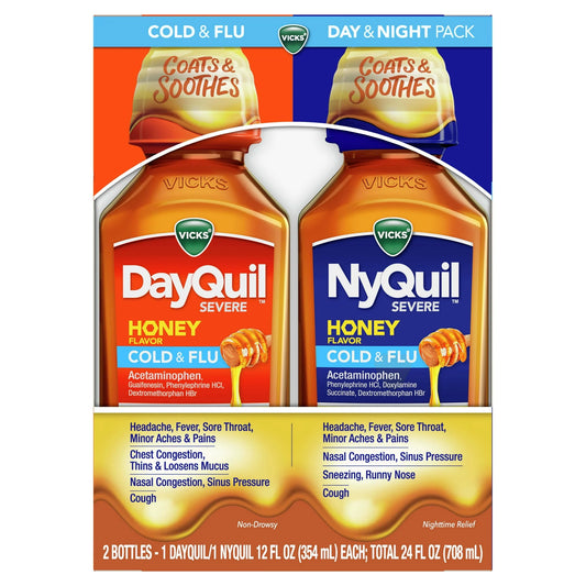 Vicks DayQuil and NyQuil Severe Cold and Flu Liquid, Cold Medicine for Adults, Honey, 2x12 Fl oz