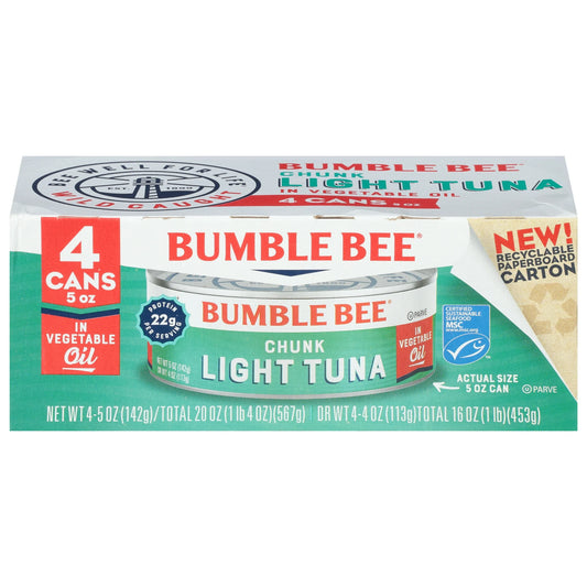 (Pack of 4) Bumble Bee Chunk Light Tuna in Vegetable Oil, 5 oz cans